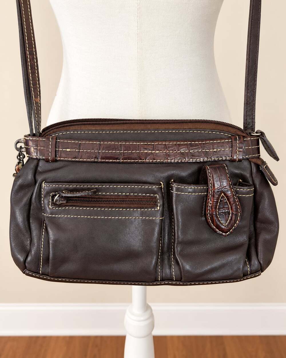 Brighton Brown Leather Crossbody Bag with Croco Trim and Floral Lining